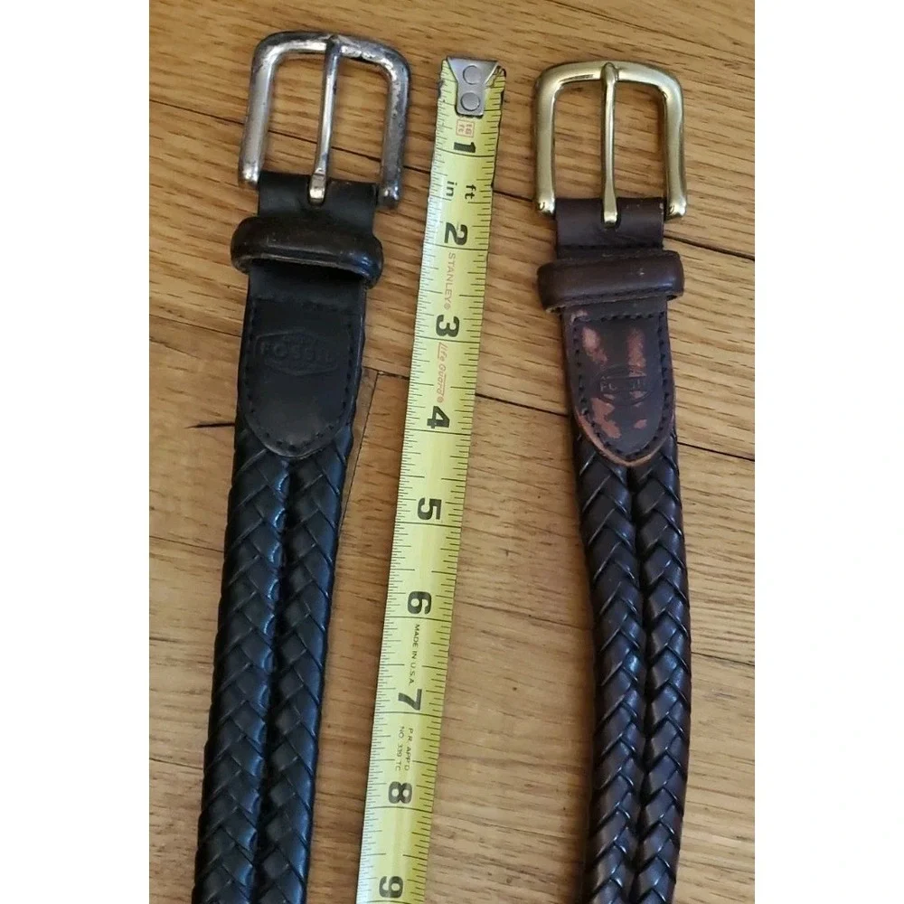 Lot Of 2 FOSSIL Mens Braided Brown & Black Leather Belts 34 Distressed